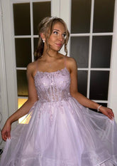 Unique Ball Gown Prom Dress Lilac Lace Formal Long Tiered Evening Party Gowns Vestidos De Dia AB551