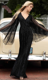 Dramatic Long-Sleeve Beaded Long Evening Gown 3672