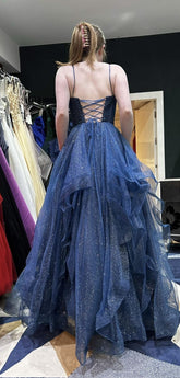 Unique Ball Gown Spaghetti Straps Tulle Layers Long Prom Dresses Formal Inspo Evening Dress AB701