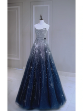 Sparkly Ball Gown Strapless Navy Blue Beads Sequin Sleeveless Long Prom Dresses Prom Gowns Evening Dress A023