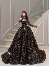 Sparkly Ball Gown Strapless Black Sequin Sleeveless Long Prom Dresses Prom Gowns Evening Dress A024