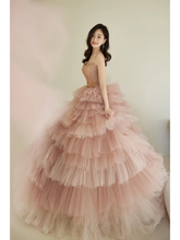 Unique Ball Gown Strapless Pink Tulle With Multi Layered Long Prom Quinceanera Dresses Sweet 15 16 Birthday Gown AB886