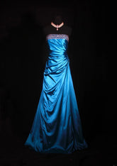 Vintage Ball Gown Strapless Blue Satin 1970s With Ruffled Beads Bodice Long Prom Dresses Inspo 16th Birthday Outfit Formal Gown AS329