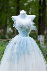 Shinning Ball Gown Strapless Light Sky Blue Tulle Long Prom Dresses Impress 19th Birthday Outfits Prom Gown AU036