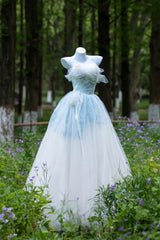 Shinning Ball Gown Strapless Light Sky Blue Tulle Long Prom Dresses Impress 19th Birthday Outfits Prom Gown AU036