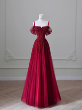 Elegant Ball Gown Spaghetti Straps Tulle Short Sleeves Burgundy Long Stunning Prom Dresses Inspiration Prom Gowns Princess Graduation Dress AU044