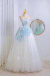 Unique Ball Gown Strapless Blue Lace Prom Dresses Long Party Dress 20th Birthday Outfits Formal Gown AU058
