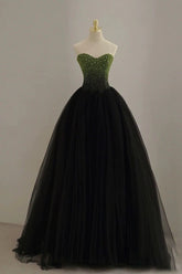 Sexy Ball Gown Sweetheart Black Tulle Green Beads Prom Dress Inspiration Long Party Formal Prom Dresses AU207