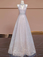 Sexy Ball Gown V Neck Light Pink Sleeveless Sequin Long Prom Dresses Party Dress 21st Birthday Outfits Graduation Dress AU273