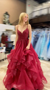 Stunning Ball Gown Spaghetti Straps Tulle Red Prom Dresses Party Dress Princess Graduation Dress B420