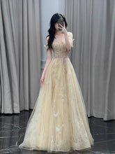 Unique A line Off The Shoulder Gold With Short Sleeves Prom Dresses Inspiration Party Night Gowns 20th Birthday Outfits AB2255