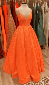 Sparkly Ball Gown Spaghetti Straps Sequin Orange Prom Dresses Formal Dress 18th Birthday Outfits Prom Gown RA021