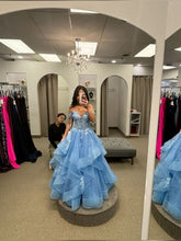 Unique Ball Gown Off The Shoulder Blue Lace Long Classy Beautiful Prom Dresses Inspiration Party Dress Birthday Outfit Graduation Dress RB1172