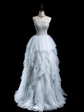 Timeless Ball Gown Strapless Light Sky Blue Tulle Long Prom Dresses For Teens Formal Dress Floor Length Prom Gown RB1857