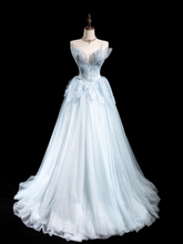 Vintage Ball Gown Strapless Light Sky Blue Tulle Long Prom Dresses For Teens Formal Dress Floor Length Prom Gown RB1858