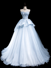 Vintage Ball Gown Strapless Light Sky Blue Tulle Pleated Long Prom Dresses For Teens Formal Dress Formal Dress Prom Gown RB1861