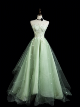 Vintage Ball Gown Strapless Mint Green Tulle Long Prom Dresses For Teens Formal Dress Floor Length Prom Gown RB1869