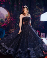 Timeless Ball Gown Strapless Sequins Navy Blue Long Prom Dress Inspiration Party Formal Prom Dresses RB744
