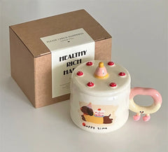 Birthday Gift Box Coffee Cup Cartoon Ilustration Underglaze Color Creative Cake with Lid Ceramic Water Cup Couple