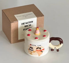 Birthday Gift Box Coffee Cup Cartoon Ilustration Underglaze Color Creative Cake with Lid Ceramic Water Cup Couple