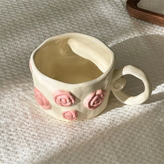 Handmade Hand Drawn Three-dimensional Relief Rose Flower Ceramic Mug Irregular Coffee Cup Gift Water Cup