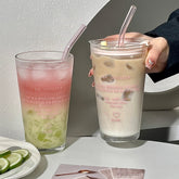 Cute Glass Cup With Straw And Lid Letter Tumbler 450ml Iced Coffee Juice Tea Glass Drinking Cups Transparent Bubble Tea Cup Gift