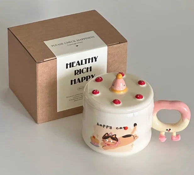 Birthday Gift Box Coffee Cup Cartoon Ilustration Underglaze Color Creative Cake with Lid Ceramic Water Cup Couple