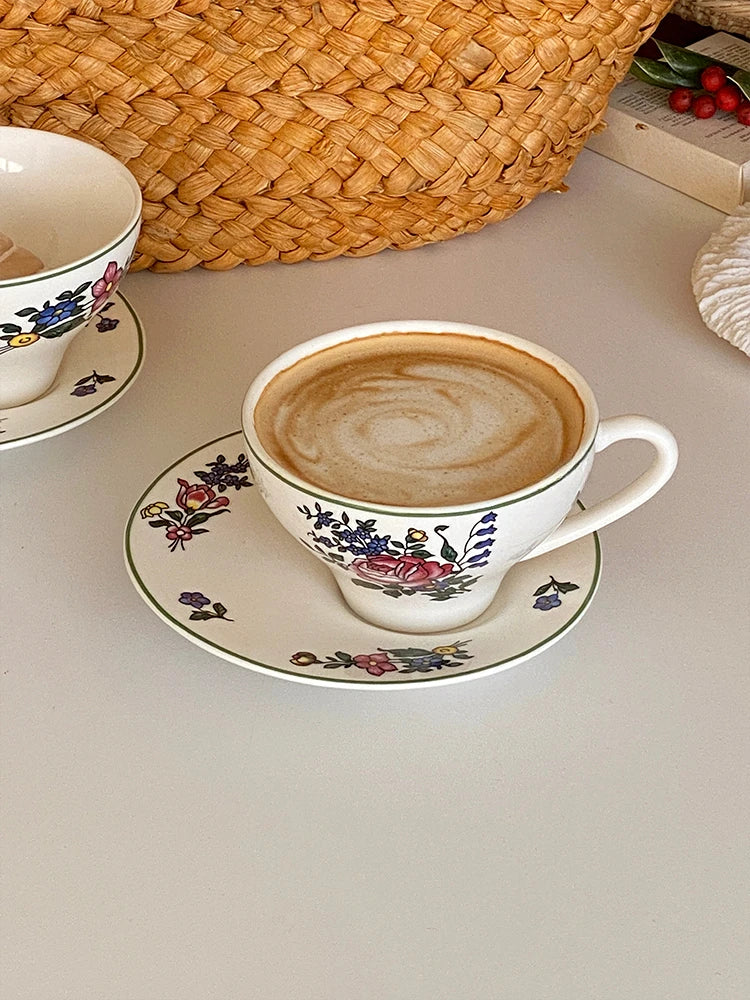 Retro Afternoon Tea Ceramic Coffee Cups and Plates Household European Floral Latte with Ear Hanging Ice American Style