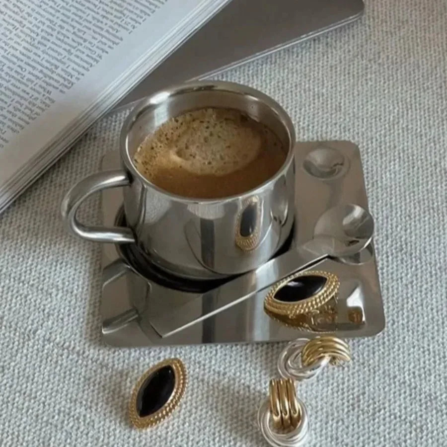 Minimalist Nordic Mug 3pcs Set 304 Stainless Steel Coffee Mug Heat Resistant Milk Cup with Saucer Spoon Placemat Tableware Set