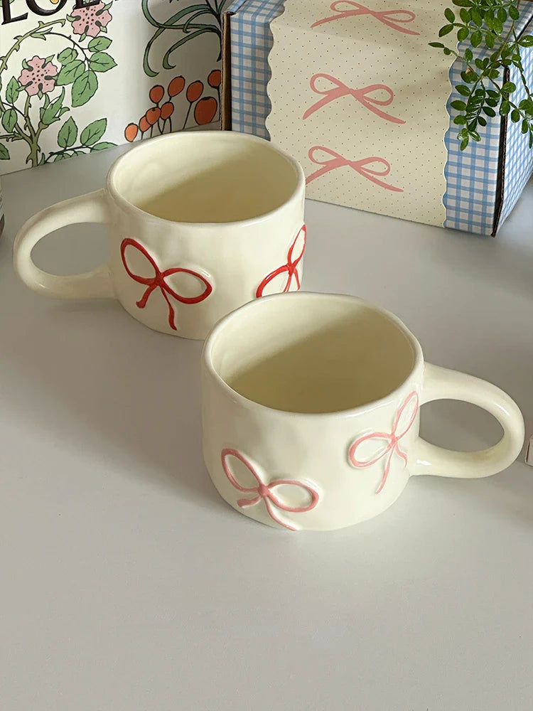 Cream Style Hand Pinched Irregular Bow Shaped Ceramic Large Ear Cup Exquisite Afternoon Tea Cup Gift Box for Best Friend
