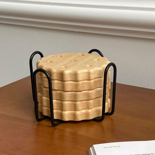 5Pcs/1Set Wooden Cookie Coaster with Iron Frame Collector, Original Design Wooden Coaster, Cookie Shape Cup and Saucer, Anti-Slip and Anti-Collision, Suitable for Coffee Shop Beverage Anti-Slip Mat, Home Decoration Ornament,