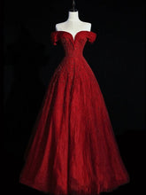 Shinning Ball Gown Off The Shoulder Red Tulle With Beads For Women Party Dresses Long Formal Prom Dresses 22th Birthday Gown AB1328