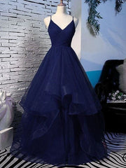 Shiny V Neck Navy Blue Long Ball Gown Prom Dress Sleeveless Fluffy Formal Evening Dresses AB694