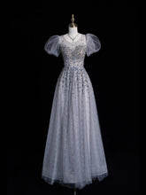 Modest Ball Gown Scoop Silver Gray Tulle Long Short Sleeves Prom Dresses For High School People Girls Formal Bridesmaid Dress N1037