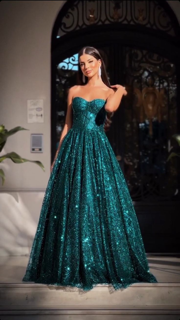 Shinning Ball Gown Strapless Green Sequin Prom Dresses Long for Women Formal Evening Gown AB174