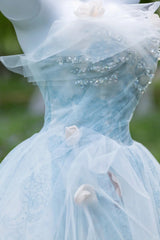 Shinning Ball Gown Strapless Light Sky Blue Tulle Long Prom Dresses Impress 19th Birthday Outfits Prom Gown AU036