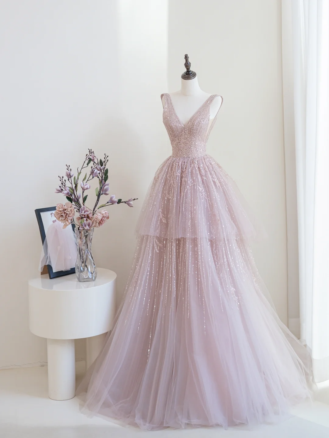 Shinning Ball Gown Deep V Neck Pink Sequin Long Prom Dresses Impress 19th Birthday Outfits Prom Gown RB1900