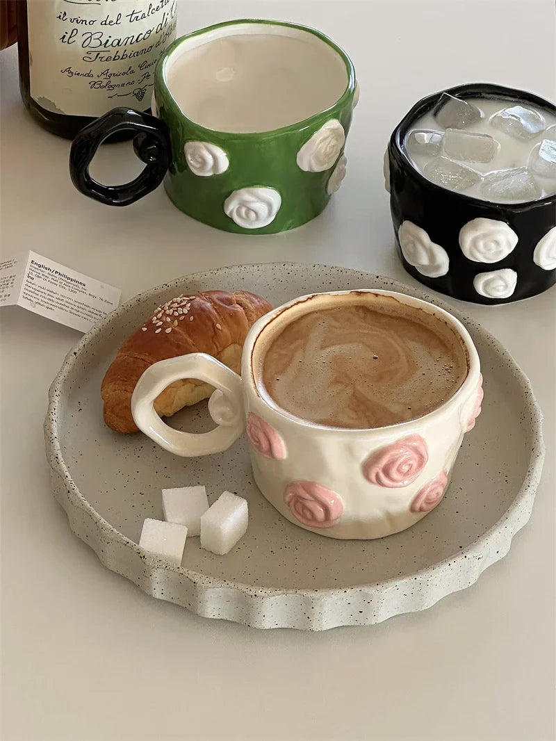 Handmade Hand Drawn Three-dimensional Relief Rose Flower Ceramic Mug Irregular Coffee Cup Gift Water Cup