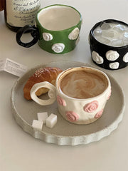 Handmade Hand Drawn Three-dimensional Relief Rose Flower Ceramic Mug Irregular Coffee Cup Gift Water Cup