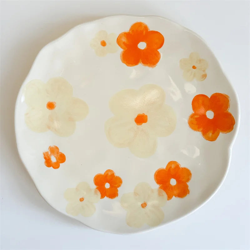 Creative Hand-painted Flower Pattern Ceramic Plate Underglaze Color Coffee Cup Dish Snacks Fruit Dessert Plates Gifts Saucers