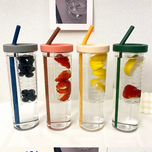 Plastic Water Bottle Portable with Straw Fruit Infuser Tea Juice Cup Fitness Outdoor Travel Bottles Kettle Transparent Straw Cup