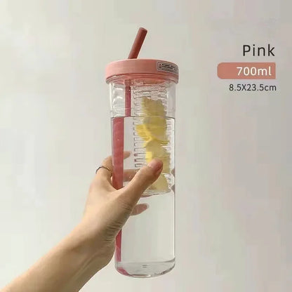 Plastic Water Bottle Portable with Straw Fruit Infuser Tea Juice Cup Fitness Outdoor Travel Bottles Kettle Transparent Straw Cup