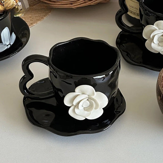 Handmade 3D Camellia Flower Black Coffee Afternoon Tea Cup Plate Ceramic Cup Gift Cup