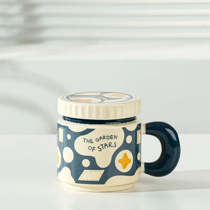 400ML Flowers Ceramic Mug with Lid Creative Checkerboard Grid Pattern Coffee Mug Home Office Breakfast Milk Cup Birthday Gift