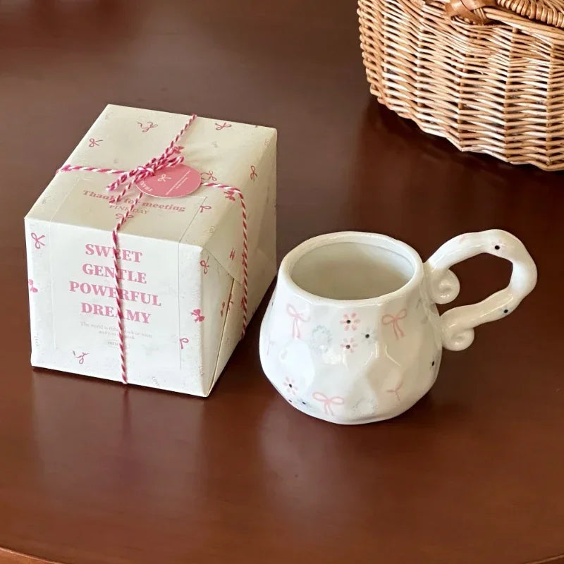 French Style Hand Drawn Butterfly Bow with Floral Patterns Ceramic Cup with Large Handle Drinking Cup