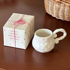 French Style Hand Drawn Butterfly Bow with Floral Patterns Ceramic Cup with Large Handle Drinking Cup