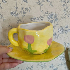 Pretty in Pink Checkered Coffee Cup and Plate Set for Afternoon Tea and Handheld Sips Coffee Cup Set