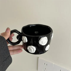 Handmade Hand Drawn Three-dimensional Relief Rose Flower Ceramic Mug Irregular Coffee Cup Gift Water Cup