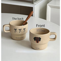 Cream Brown Bow Puppy Ceramic Mug with Hand-painted Coffee Stacking Cup As A Gift