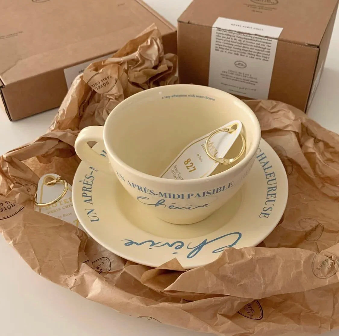 Korean Same Vintage French Cream Coffee Cup Plate Breakfast Cup Ceramic Dinner Plate Ceramic Plate Dish Set